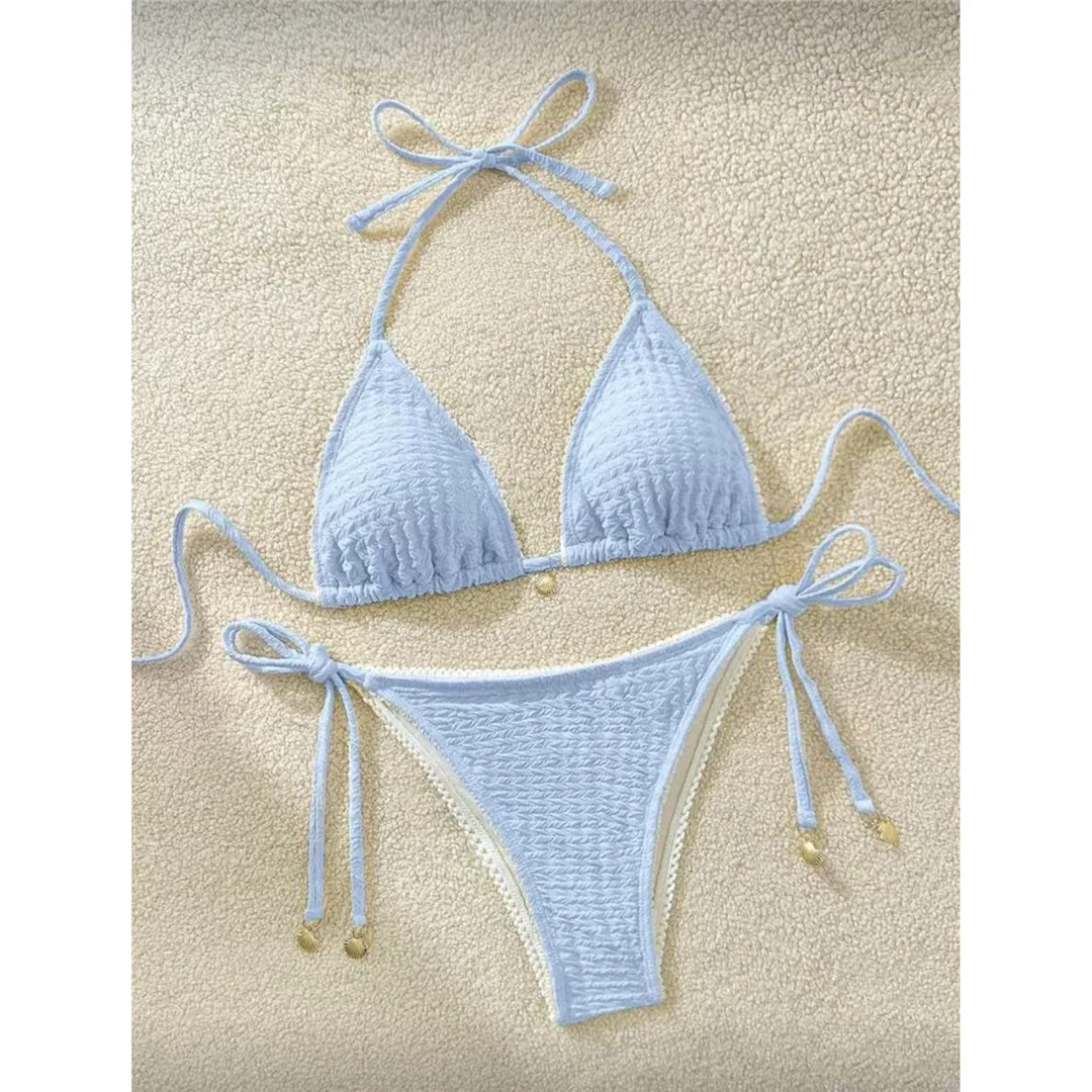 Zweiteiliges Bikini-Set mit hoch geschnittenen Beinen, Badeanzug, Badebekleidung, geraffter, knitteriger Halter-Bikini, Damen-Badebekleidung, Damen-Badeanzug M125 – Detail 3