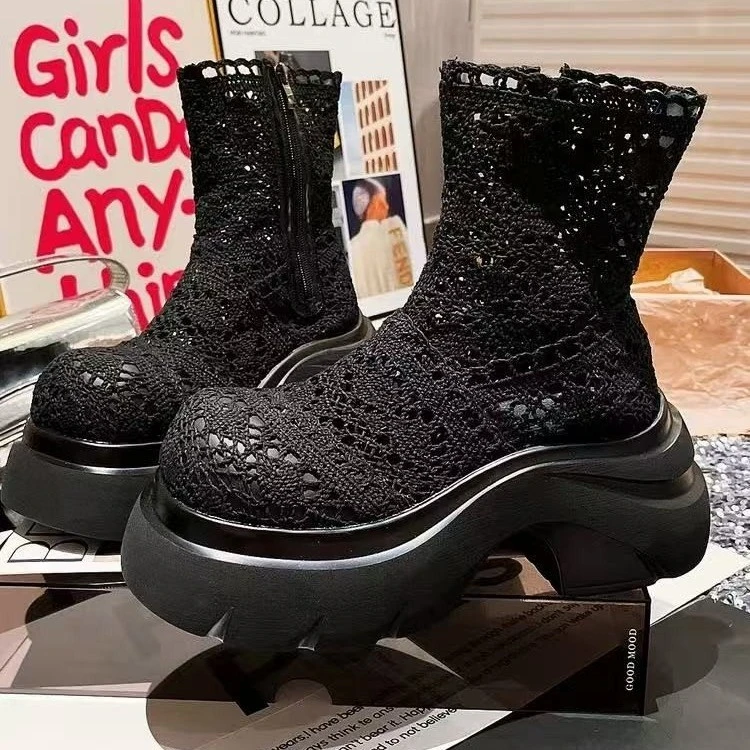 Super fire thick bottom lace mesh fairy wind summer cool boots hollow breathable small short boots