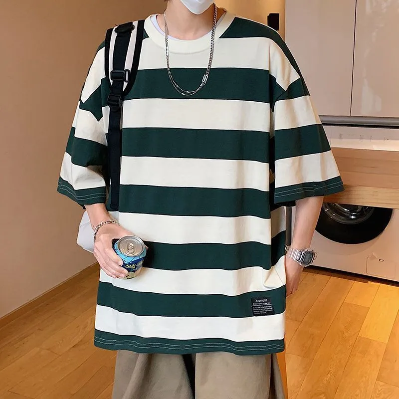 New Loose Contrast Color Short Sleeve Main Striped T-shirts Summer Oversized T-Shirt Japan Hip Hop Loose Half Sleeve T Shirts