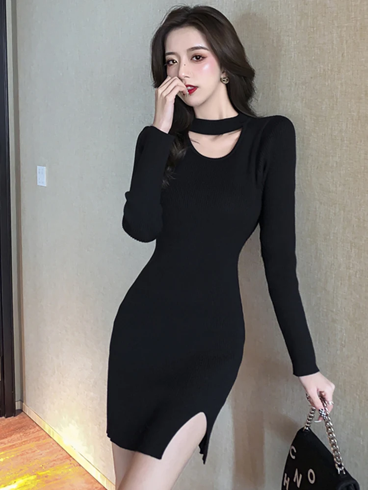 

Sexy Women Slim Split fork Knitted Long sleeve Dress 2022 New Autumn Winter Temperament High waist Solid Color Office Dresses