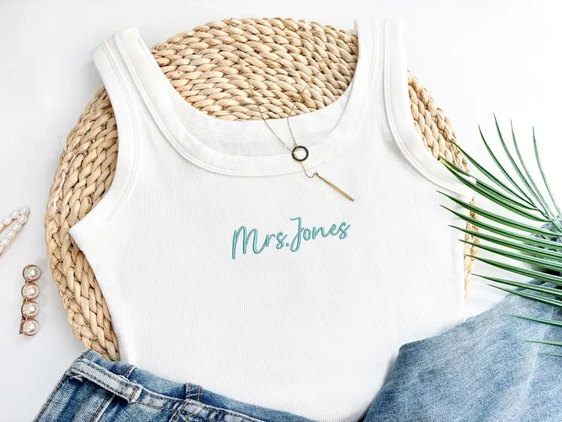 Embroidered Spaghetti Strap Tank Top, Mrs. Tank, Bride T-Shirt, Bridal Shower Gift, Engagement Gift, Bridal Tank Top, Mrs. Baby