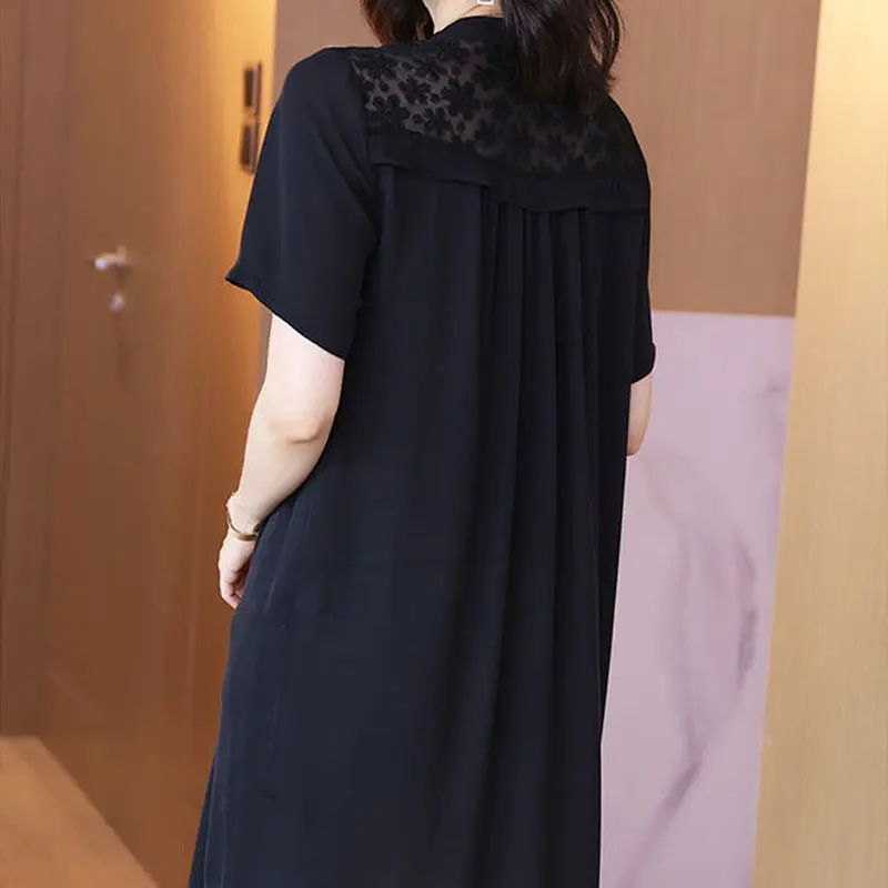 Female Casual Solid Color Blouse 2023 Summer Fashion Lace Spliced Commute Half Open Collar Button Loose Short Sleeve Midi Shirt