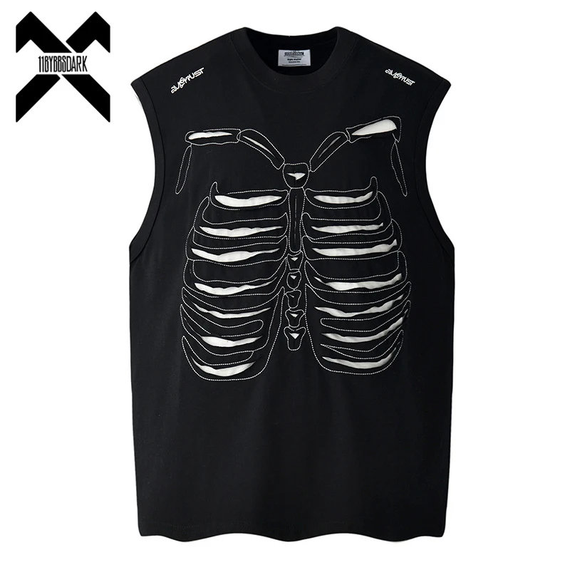 

Hip Hop Fashion Vintage Tank Tops Men's Retro Hole Patch Skeleton Graphic Sleeveless T-Shirt Harajuku Tops Vest Streetwear