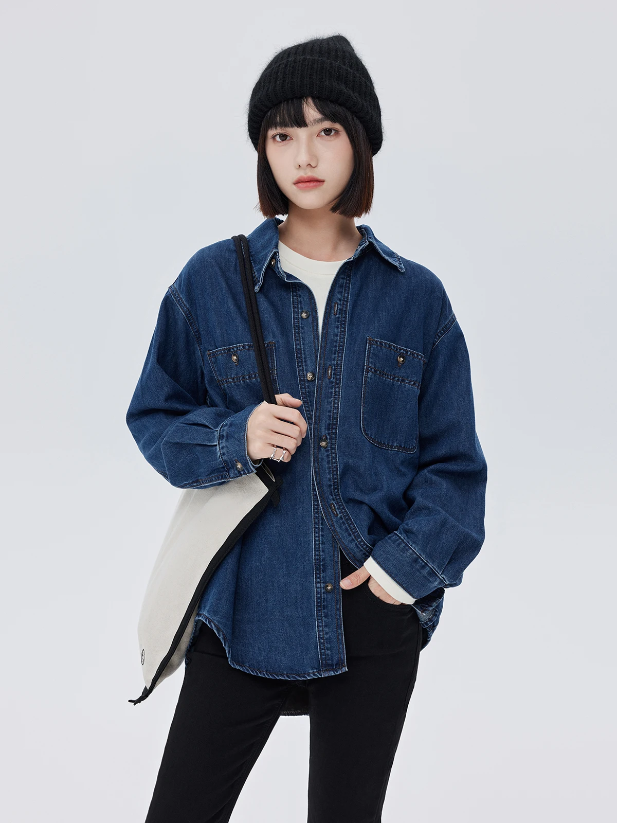 

Queen Cound Mink Velvet Ne Mid-Length Fce-Lined Loose Winter Blue oulder-Drop Long Sve Denim irt Women
