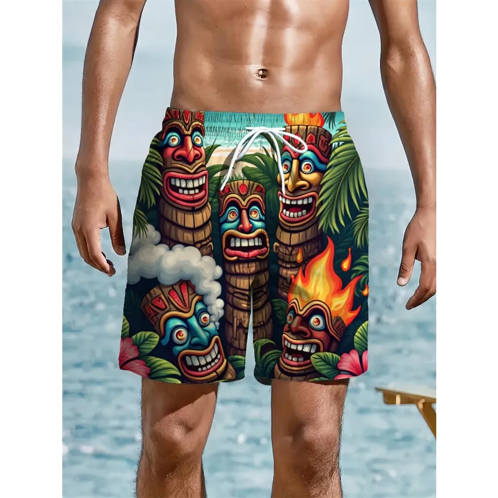 Men Multi Color Flame Wooden Tiki Totem Palm Leaf Hibiscus 3D All Over Print Quick Dry Drawstring Beach Swim Boardshortsd