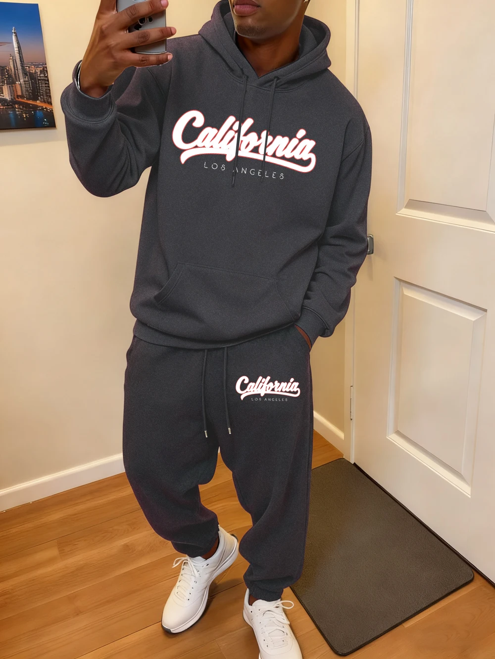 

2 Pcs Hoodies Set Men California Los Angeles Letter Prints Sweatpants Autumn Fleece Pocket Jogging Outfits Casual Loose Clothes