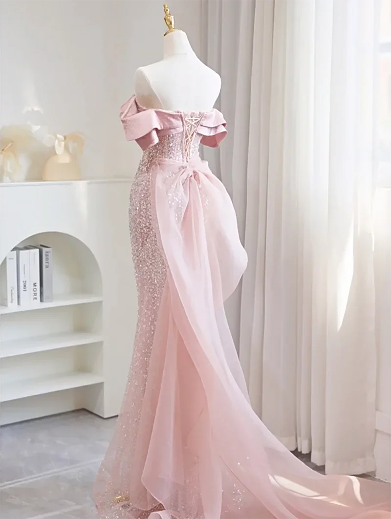 Customized  Sweet Pink Mermaid Evening Dress Sexy Slim Sequins Beading Glittering Fishtail Party Formal Gowns Vestidos De Fiesta