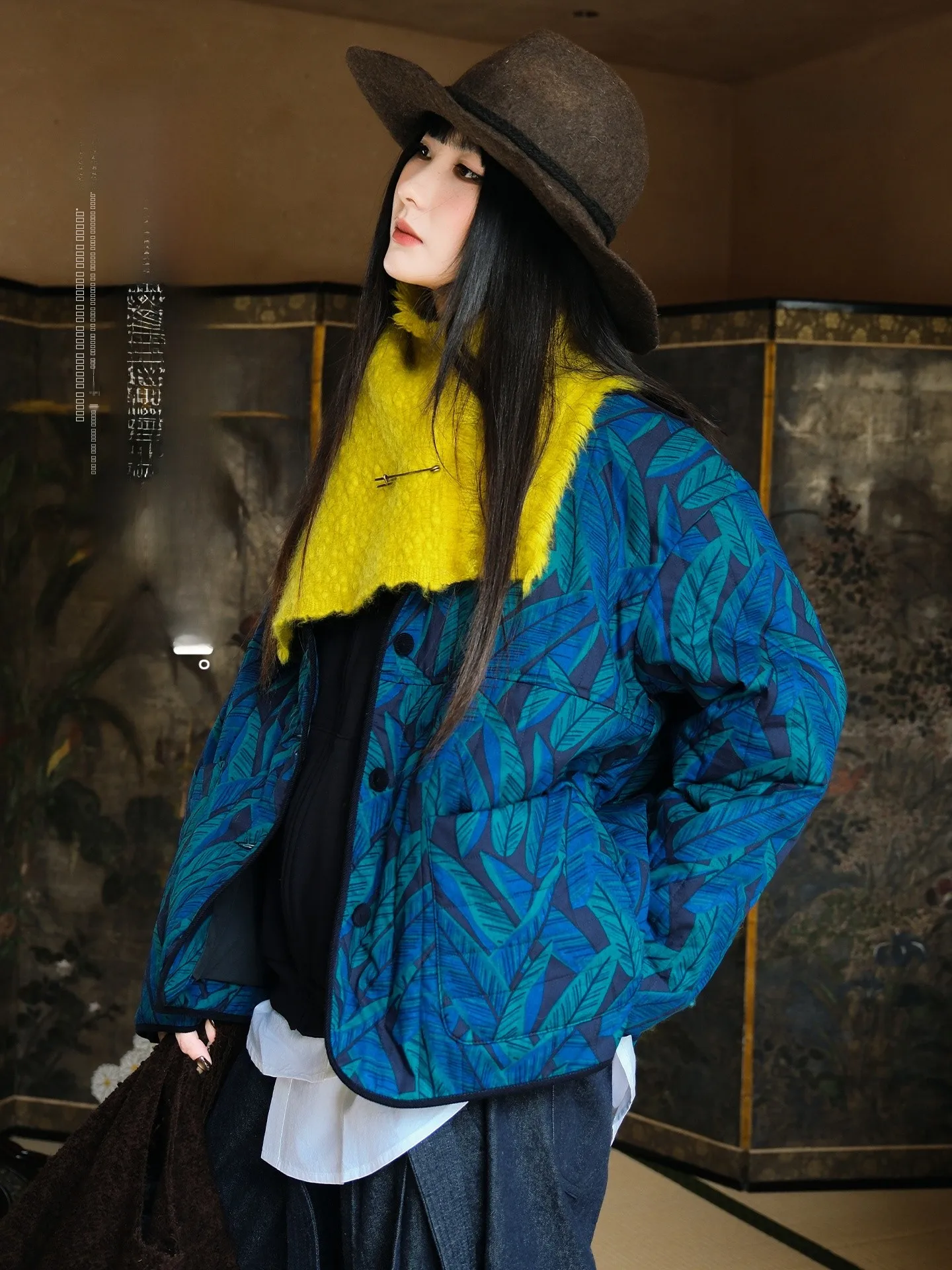 

Новое китайское хлопковое пальто Blue Feather с художественным принтом, теплое, свободное, зимнее, с длинными рукавами, для повседневной носки