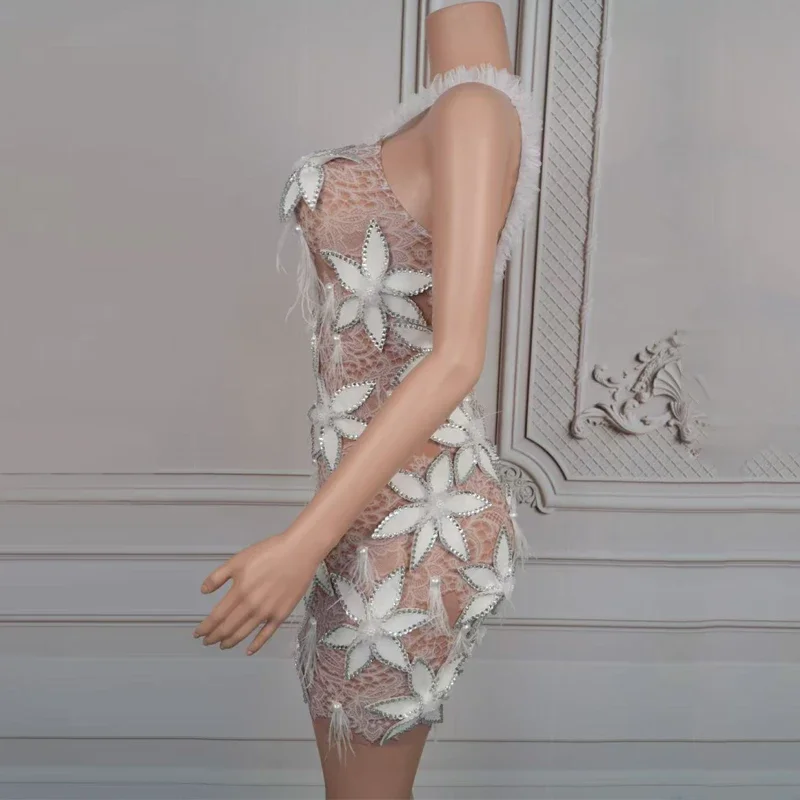 Flower Rhinestones Evening Dresses Women Celebrate Gogo Costume Nightclub Bar Dj Ds Party Stage Festival Outfit