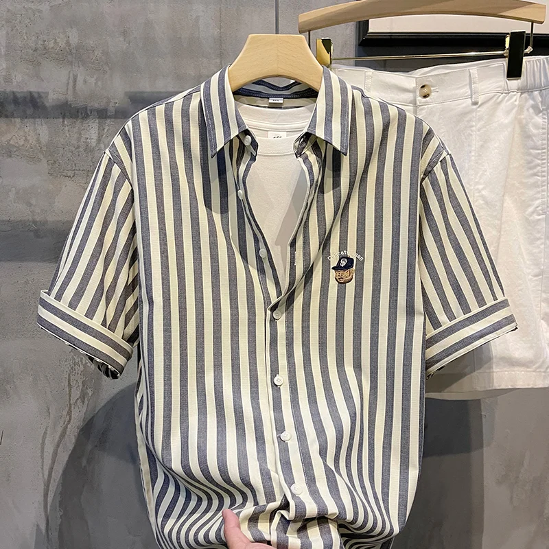 

Fashionable Embroidered Striped Short Sleeve Men's Shirt Summer 2025 Contrast Color Simple Square Collar All-Match Style