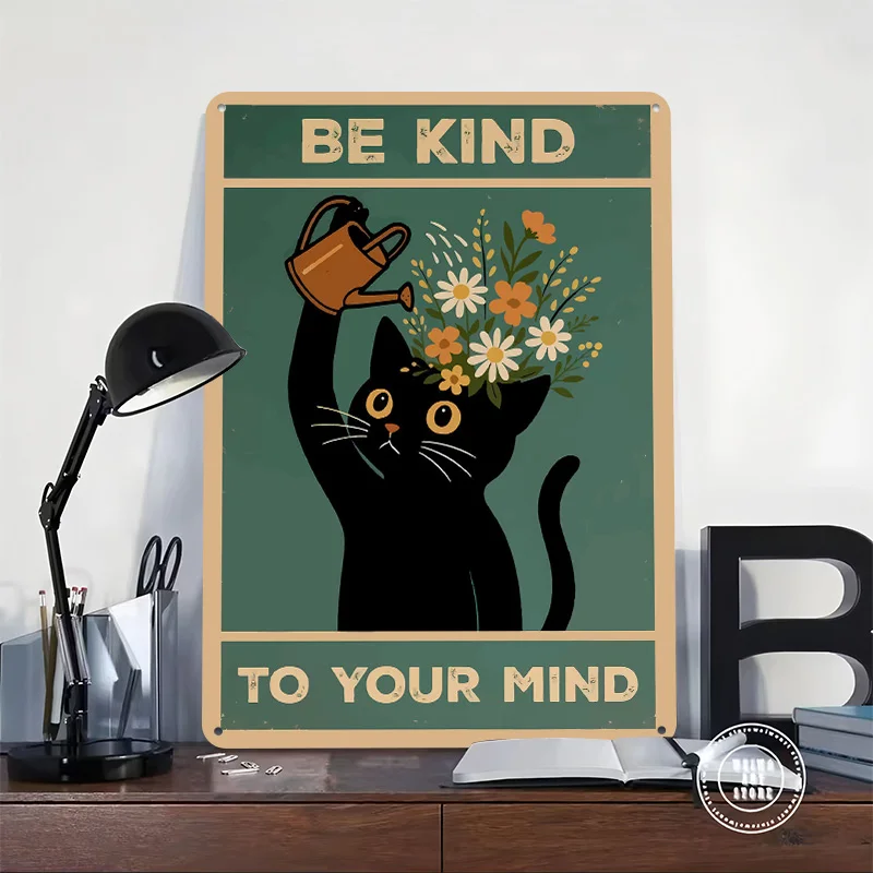 Be Kind to Your Mind Cat Personalized 3D Textured Metal Poster Wall Art Vintage Tin Signs for Modern Home Decoration Room Decor