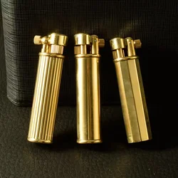 Unusual Brass Kerosene Lighter Cylindrical Shaped Side Pulley Ignition Large Capacity Fuel Tank Retro Lighters Smoking Gadgets