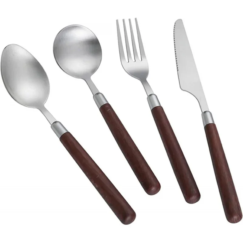 Cutlery Set with Imitation Wood Handle, Polished Stainless Steel Smooth Edge, Knife, Fork, Spoon for 5 People, 20 Pieces for Fam