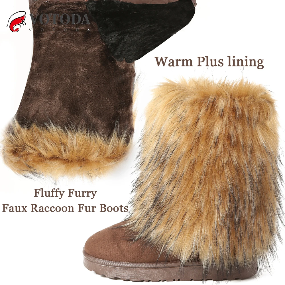 VOTODA New Women Fur Boots Faux Fur Snow Boots Warm Short Plush Lining Fluffy Winter Boots Fashion Furry Shoes Woman Fuzzy Boots