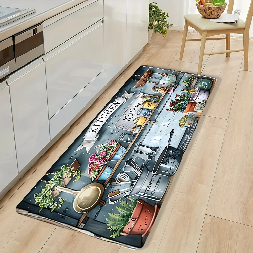 Vintage Kitchen Utensil Floral Long Runner Mat Retro Cookware Herb Plant Print Floor Rug for Farmhouse Kitchen Home Decor