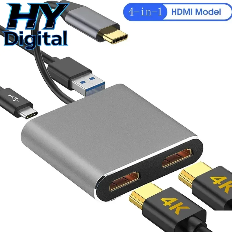 HY Digital Laptop Extend Dual Screen Display Cellphone USB C Hubs Type C to Dual HDMI 4K HDTV USB3.0 PD Charge Docking Station