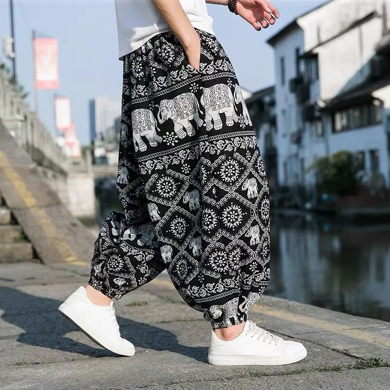 M-5XL Linen Thailand Nepal Men Pants Male Elephant Print Bloomers Beach Travel Patalon Oversize Loose Chic Ins Harem Trousers