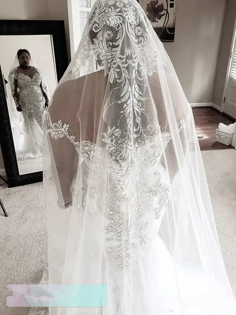 Customized See Through Lace Mermaid Plus Size Wedding Dress With Crystals Beading Sweep Train Long Sleeves African Bridal Gown