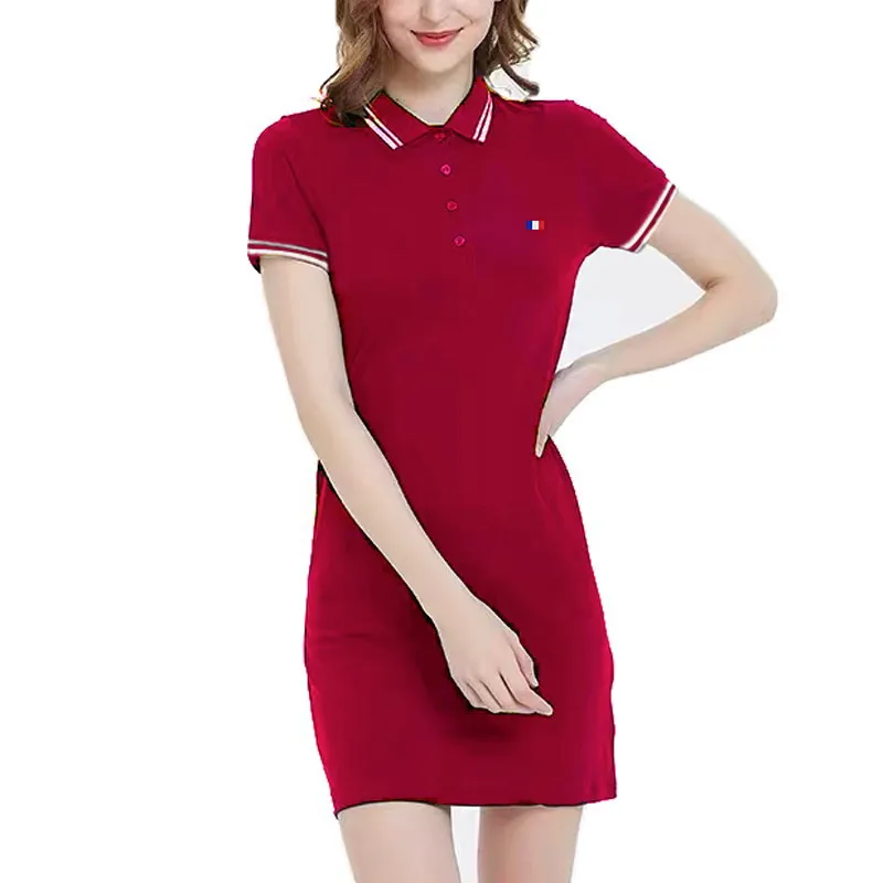 Spring Summer Knit Polo Dress National Flag Logo Woman Black Casual Knee-length Straight Dresses Female