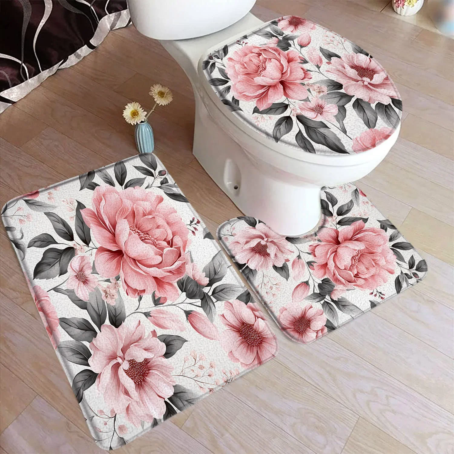 Pink Floral Bath Mat Set Watercolour Flower Grey Leaves Plant Home Carpet Doormat Bathroom Decor Floor Rugs U-Mats Toilet Cover