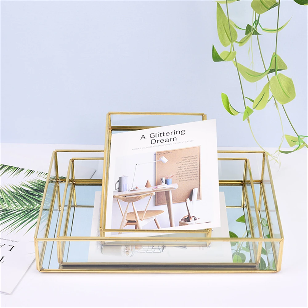 Glass Storage Tray Desktop Decoration Luxury Gold Tray Jewelry Cosmetic Organizer Box Makeup Box Northern Europe Retro Case