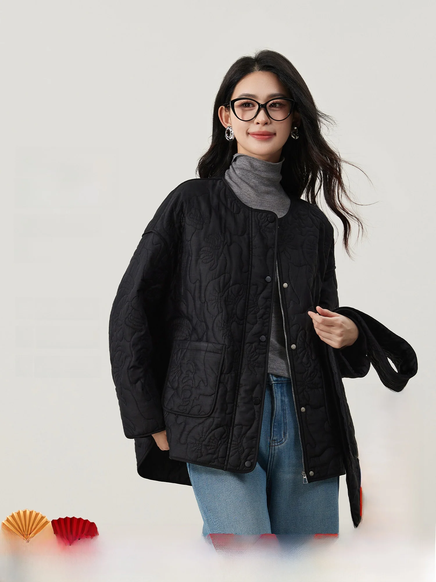 

Женская теплая универсальная хлопковая куртка с круглым вырезом, тонкая, с художественным цветочным рельефом в стиле Sketch Spring Light, с шарфом, зимняя