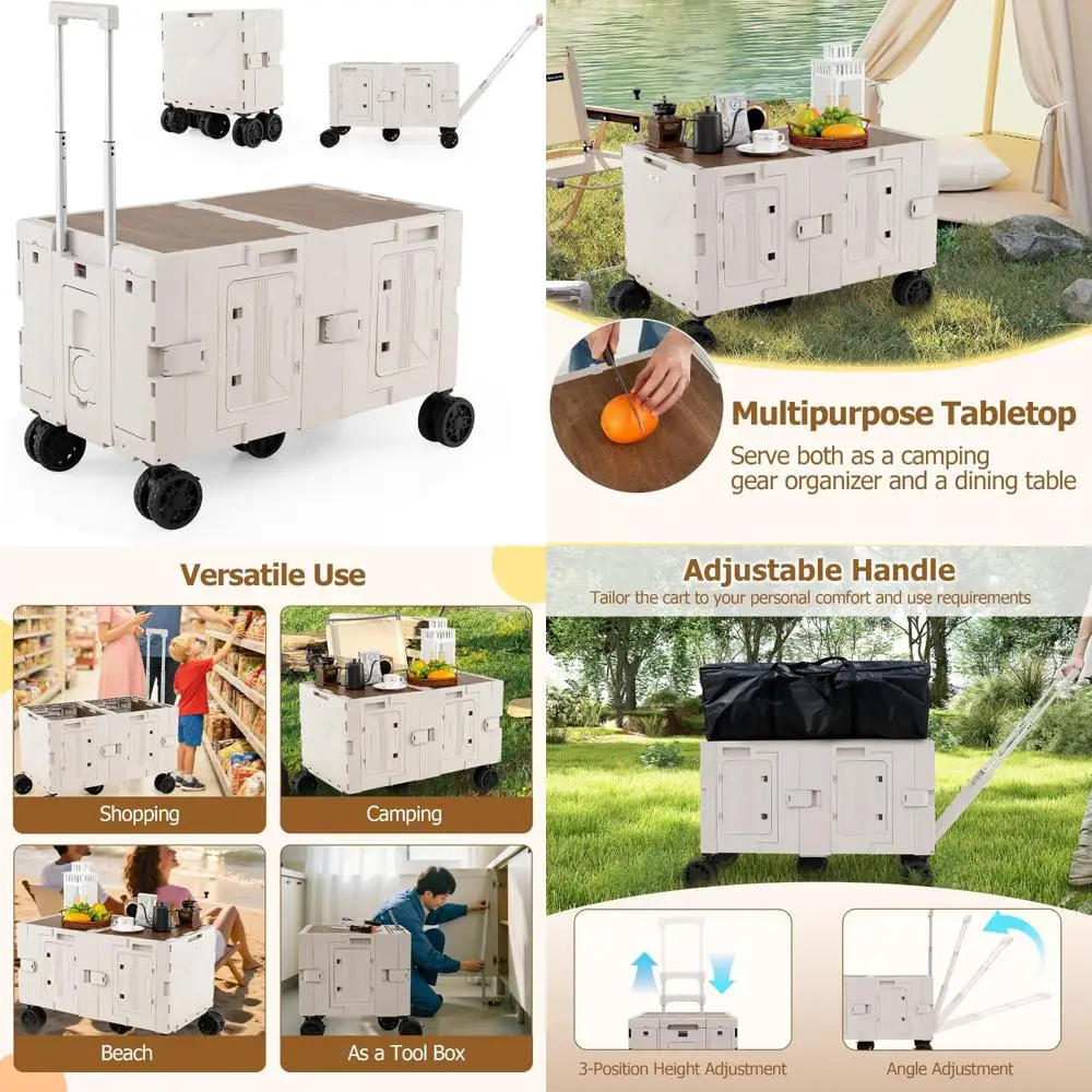 عربة دوارة محمولة مع صناديق تخزين من طبقتين، 5 عجلات دوارة، مقبض معدني تصغير، عربة أدوات كبيرة قابلة للطي