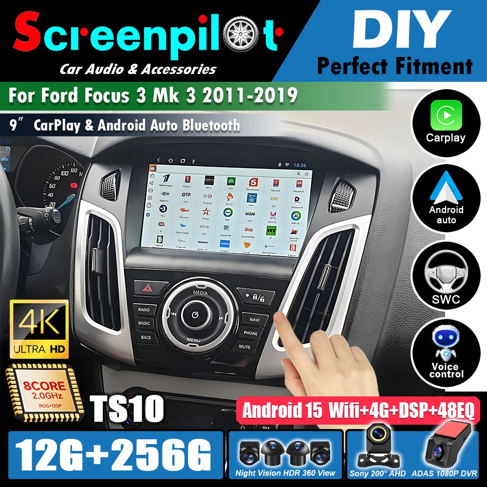 Radio para coche Android 16 para Ford Focus 3 Mk 3 2011 2012 2013 2014 2015-2019 Reproductor NO 2Din Carplay Auto Estéreo Multimedia para coche