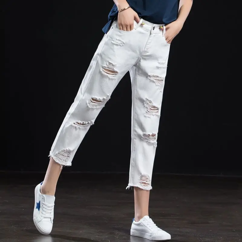

Women's High Waist Ripped Denim Pants Straight Wide Leg Cropped Jeans Summer Thin Casual Harem Trousers
