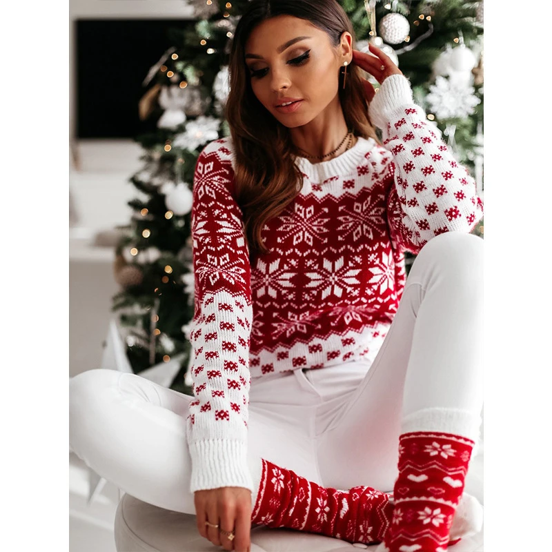 Women Sweater Christmas Snowflake Knitted Long Sleeve O Neck Ladies Jumper Fashion Casual Winter Autumn Printed Pullover Clothes