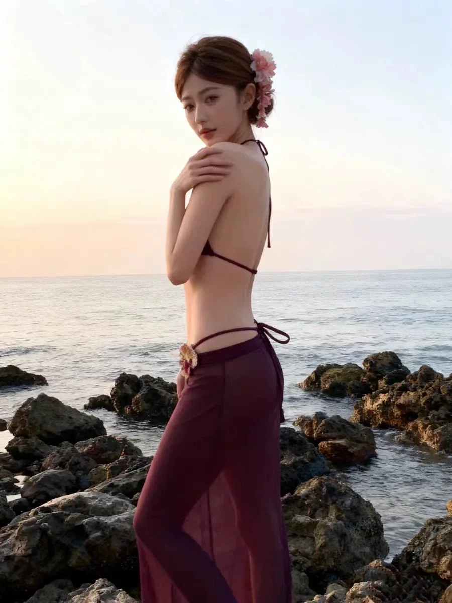 

Женский фиолетовый сексуальный комплект бикини из двух частей: пляжная юбка для коррекции фигуры, купальник для небольшой груди, милый купальник для горячих источников