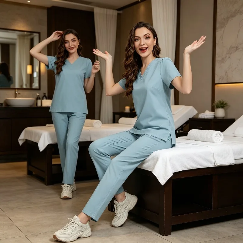 Perfect for SPA and Beauticians Beauty Salon Set V-neck Short Sleeved Top with Bow Details Long Pants Thin Design
