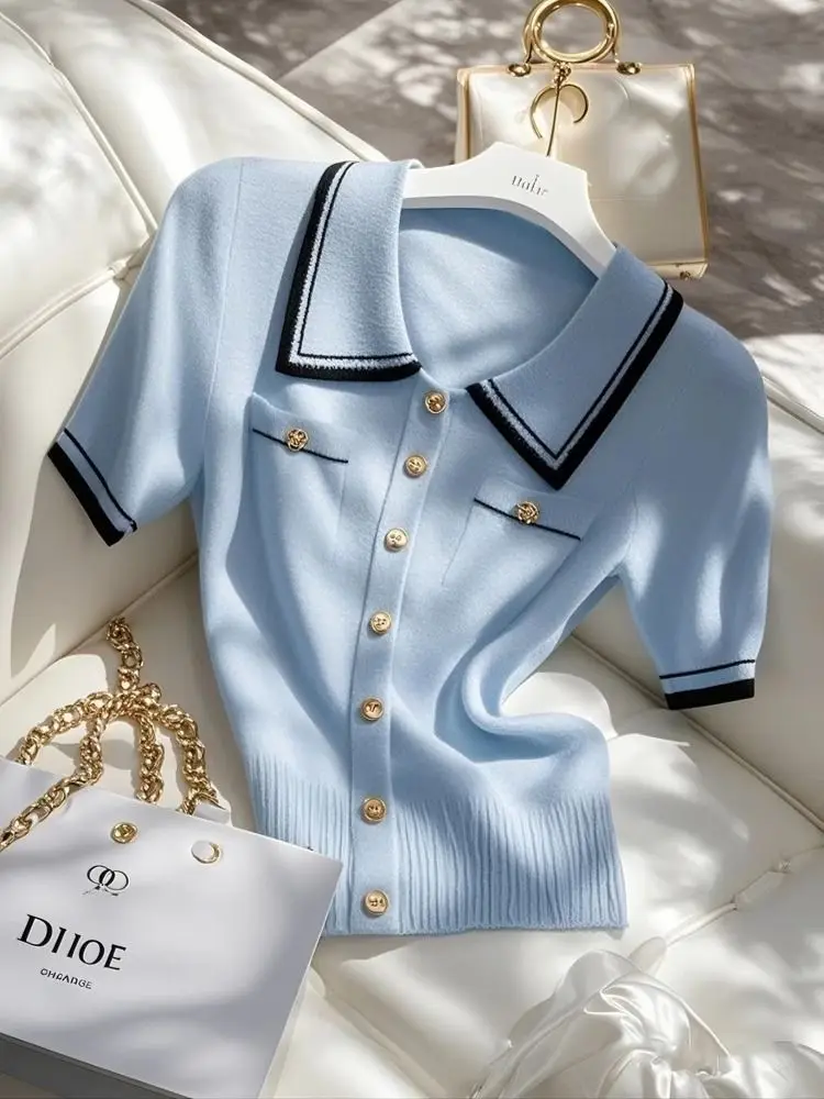 

Summer Short-Sleeve T-Shirt Women's Ice-Silk Knit Top New Collar T-Shirt Short-Sleeve Shirt Button Tees Y2k Top Tshirt Blue