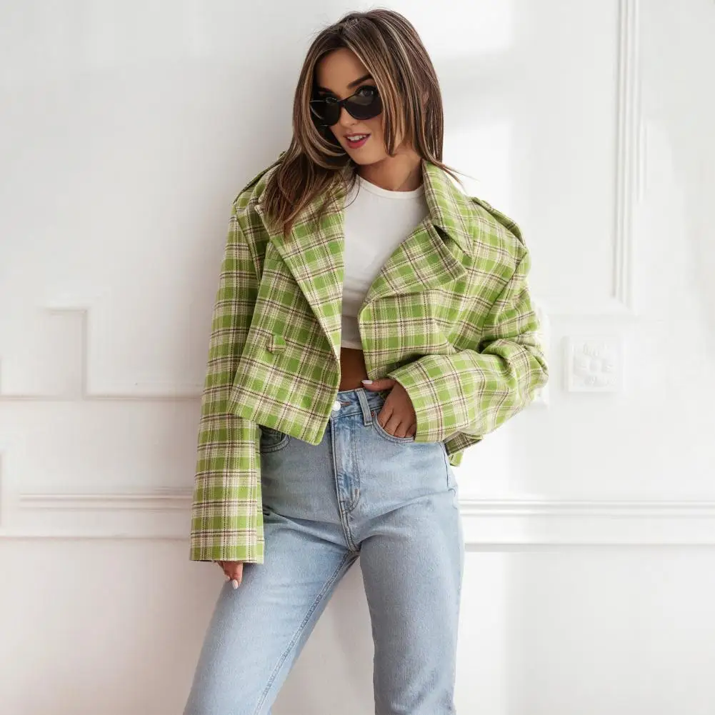 Women Short Plaid Coat Plaid Print English Style Women's Cardigan Coat with Button Decor Fall Winter Outerwear Jacket for A