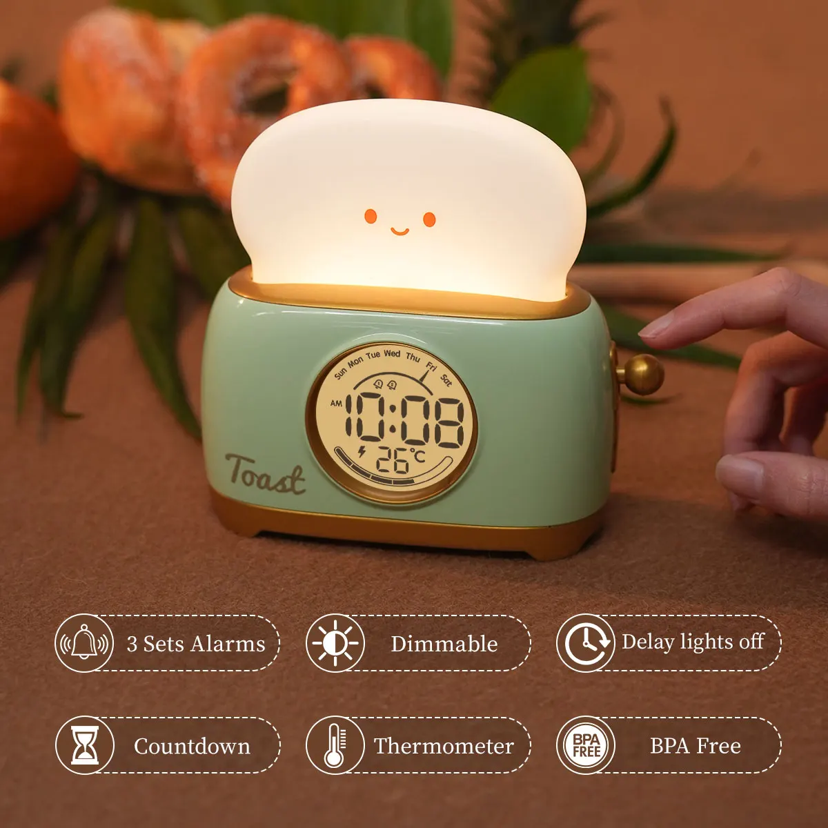 Bread Maker Night Light Alarm Clock Toast Night Light Timing Alarm Clock USB Charging Desktop Decorative Lamp Children\'s Gift