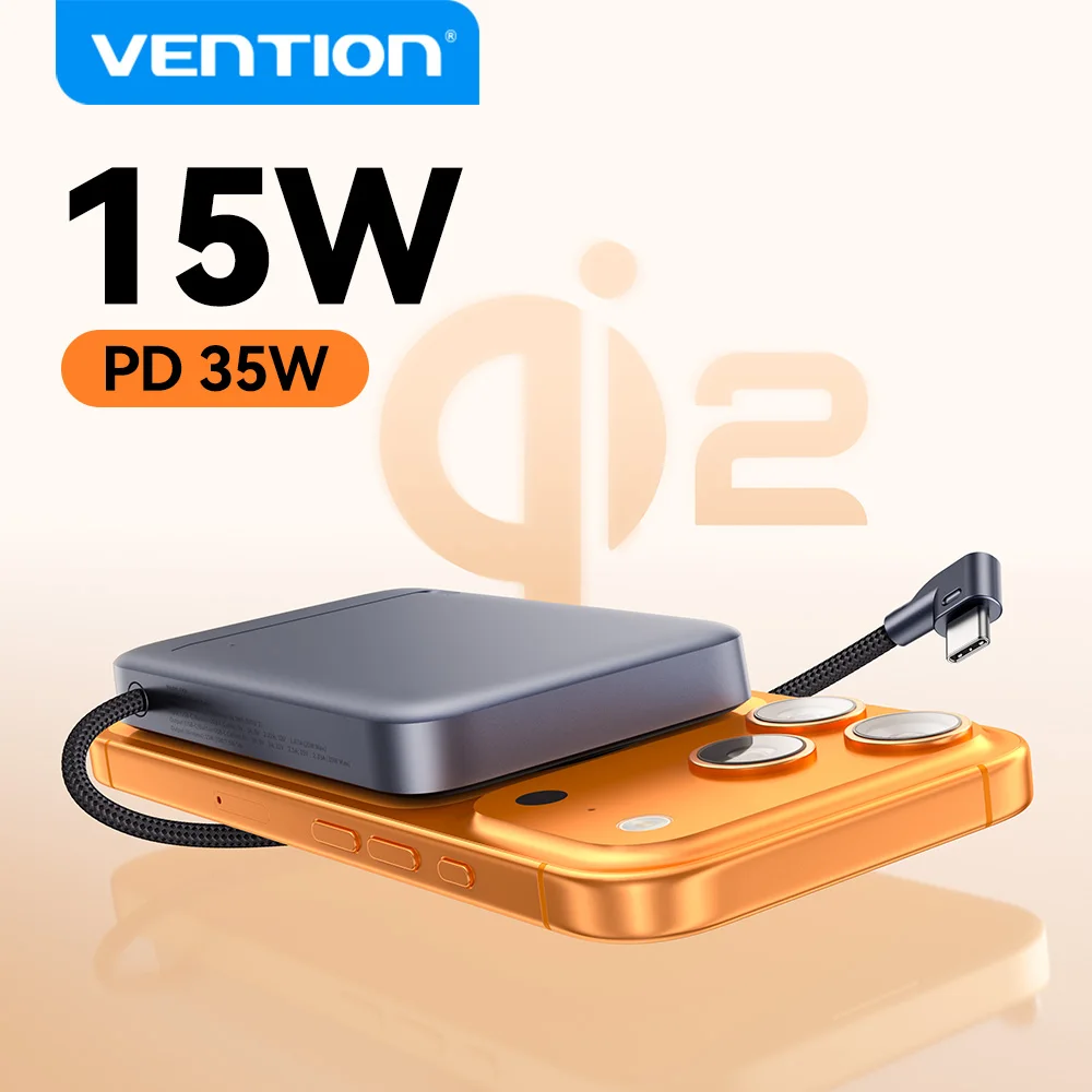 סוללת גיבוי מגנטית Vention Qi2 עם כבל USB-C מובנה ותמיכה ב-MagSafe