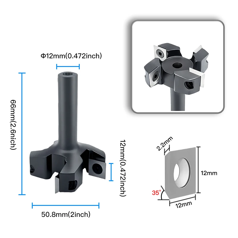 1pcs 12mm Wood Planer Bit Trimming Bit Milling Cutter for Wood CNC Woodworking Tools Insert Replacable Blade End Mill
