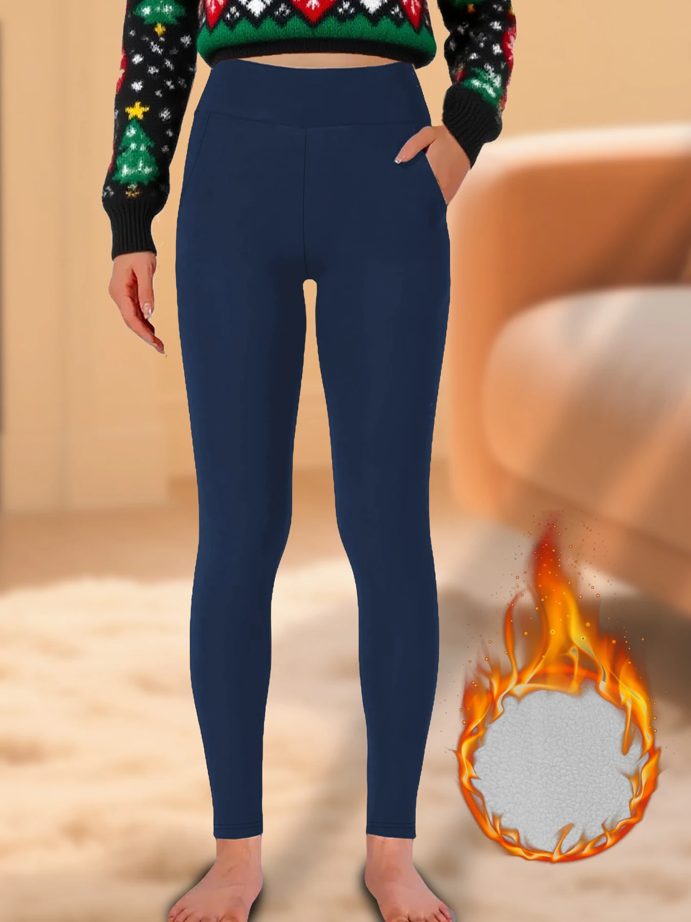 

Winter thermal leggings with pockets and tummy control Women's high waisted fleece-lined design provides warmth for cold weather