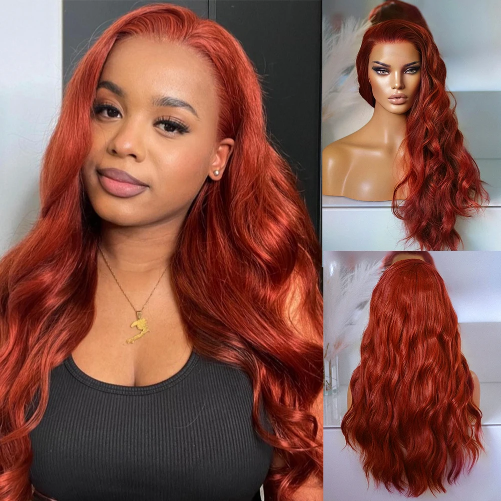 

AIMEYA Natural Wave 13X4 Synthetic Lace Front Wigs For Women Copper Red Lace Frontal Wig Pre Plucked Hairline Cosplay Party Wigs