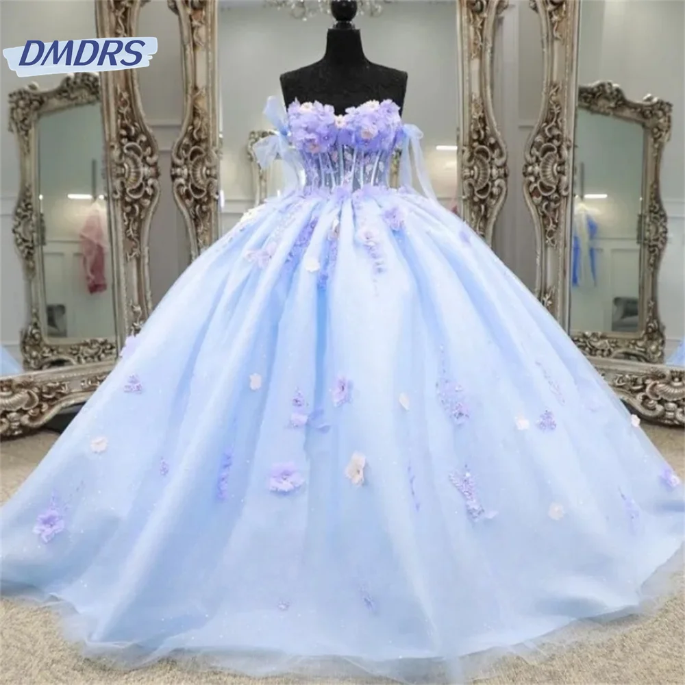 Robe de Quinceanera à col en cœur gracieuse, robe de soirée charmante, applique 3D de perles de princesse, cristal hors de l'initiative pour 16 ans