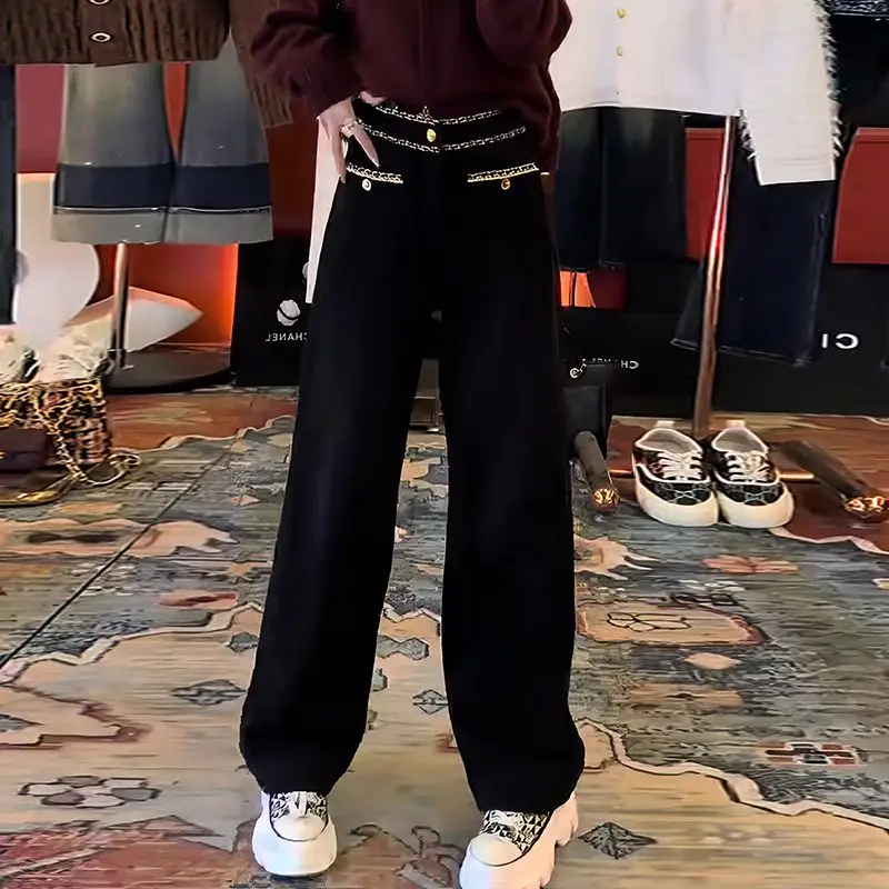Spring Autumn Simplicity Office Lady Wide Leg Women Fashion CHAIN Solid Color Straight Trend All-match High Waist Casual Pants