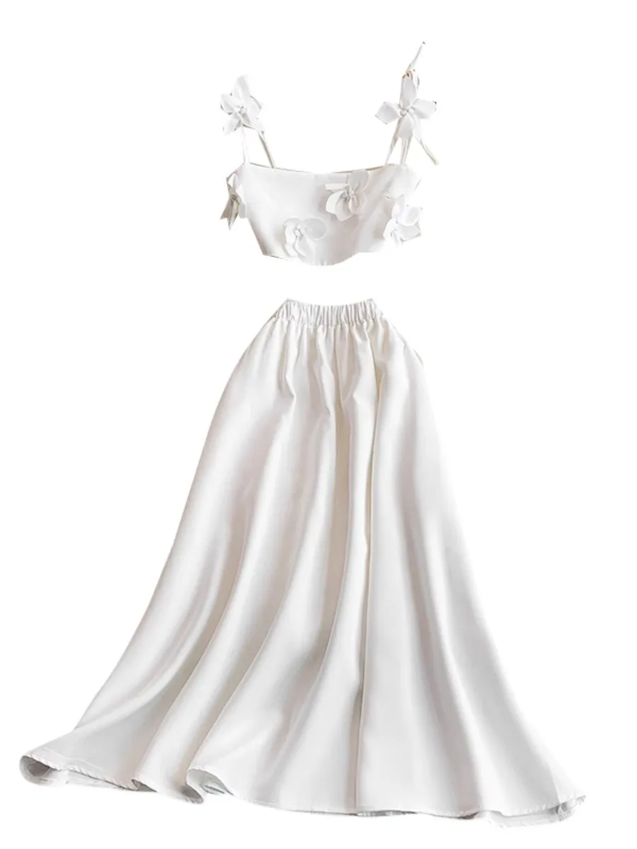 Foamlina White Chic 3D Floral Cropped Sexy Halter Top Camis & High Waist Satin Skirt Set Vacation 2 Piece Outfit for Women