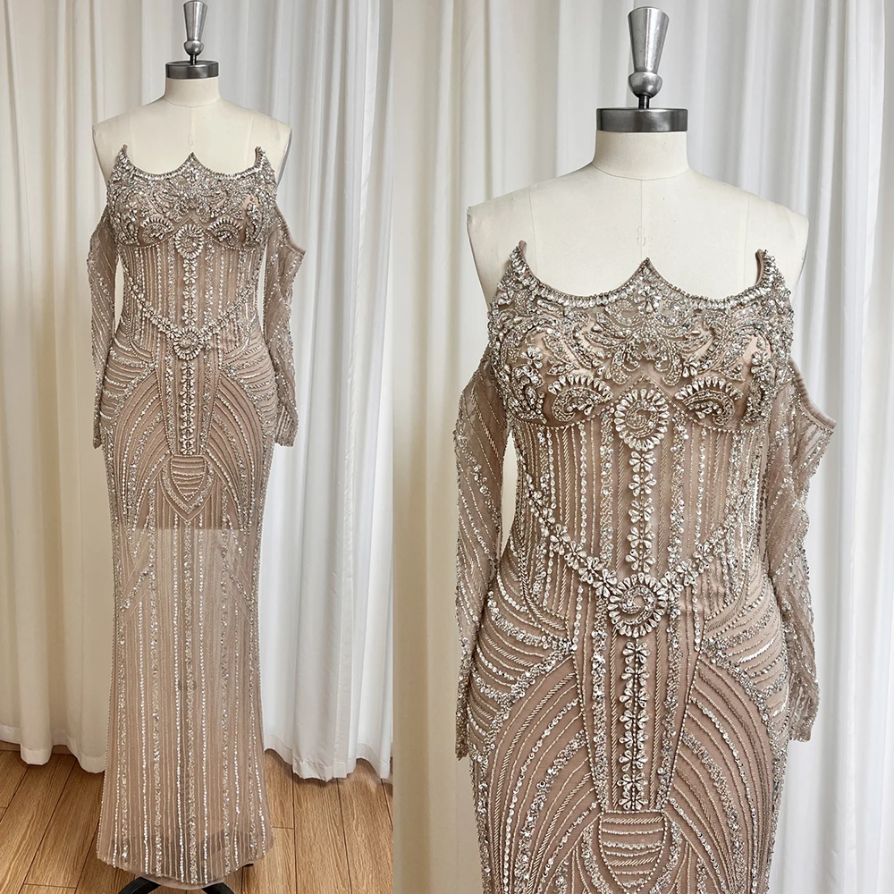 

Elegant Rose Gold Beaded Evening Dress for Women Long Sleeves 2025 Luxury Dubai Arabic Formal Prom Wedding Party Gown Customized