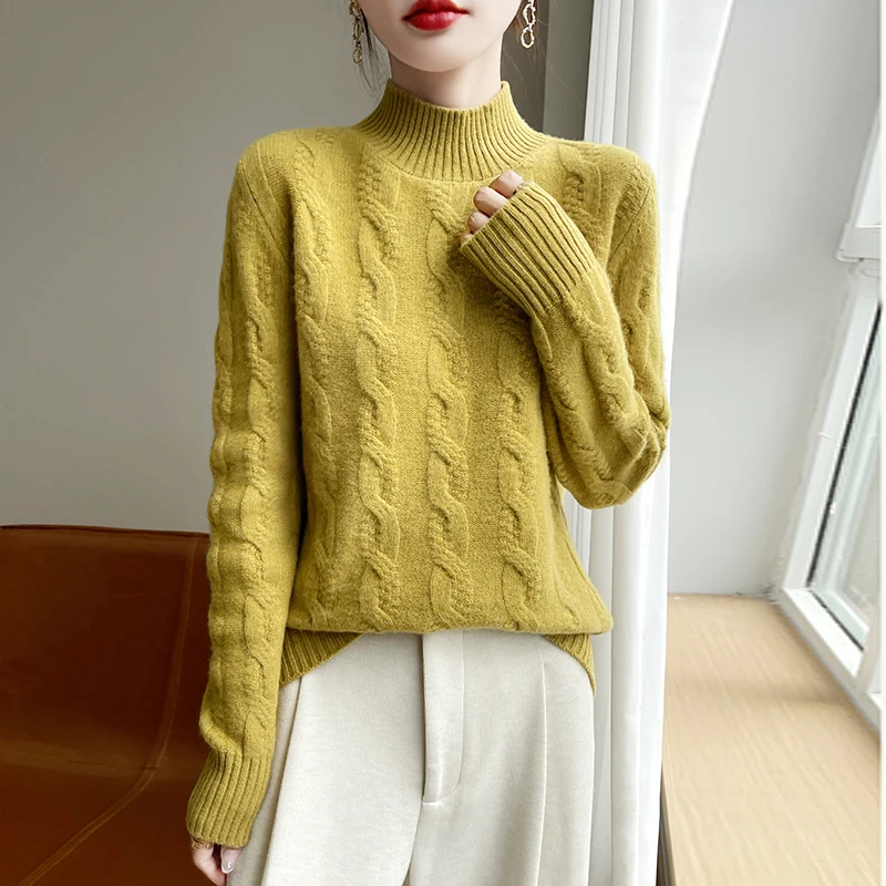 

Осень-зима, новый вязаный свитер из 100% однотонной шерсти для женщин, пуловер с высоким воротником и длинными рукавами, вязаная кашемировая базовая рубашка