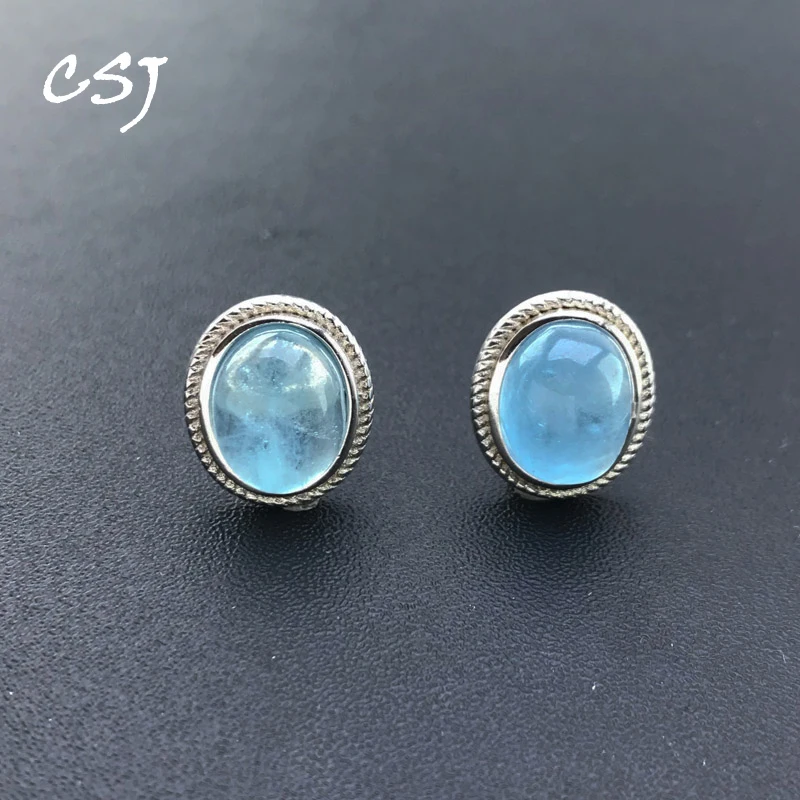 CSJ Natural Aquamarine Stud Earring Sterling 925 Silver Gemstone Oval 7*9mm for Women Birthday Party Jewelry Gift