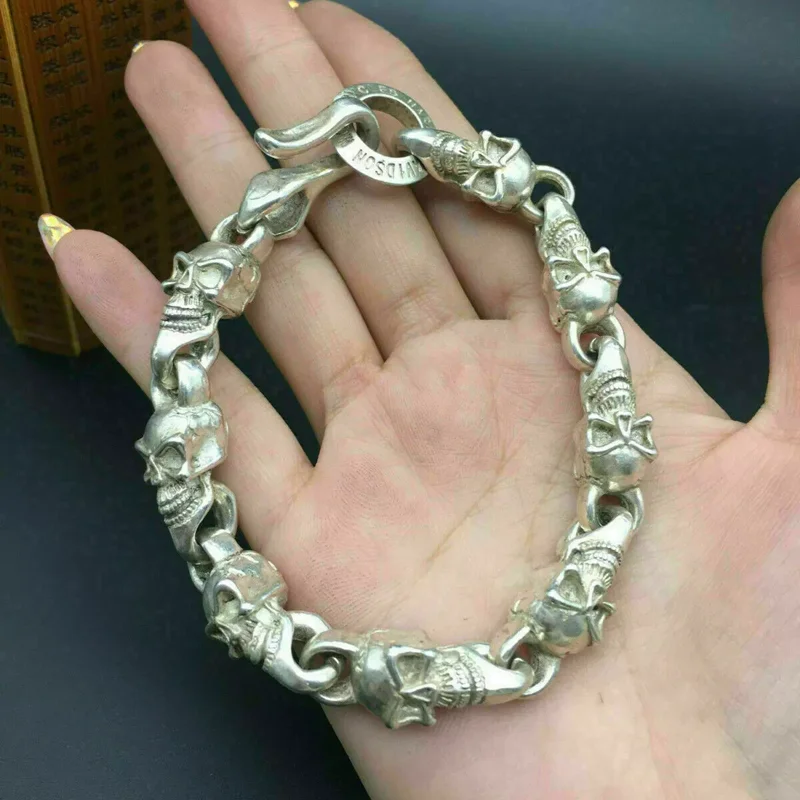 

chinese miao silver cast cool skull statue bracelet jewel collectable gift Art