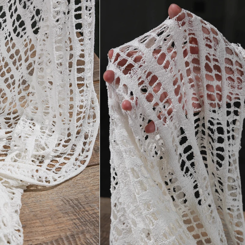

White Spider Web Distressed Mesh Knit Fabric Stretch Textured Holey Material for DIY Clothing Design Creative Apparel
