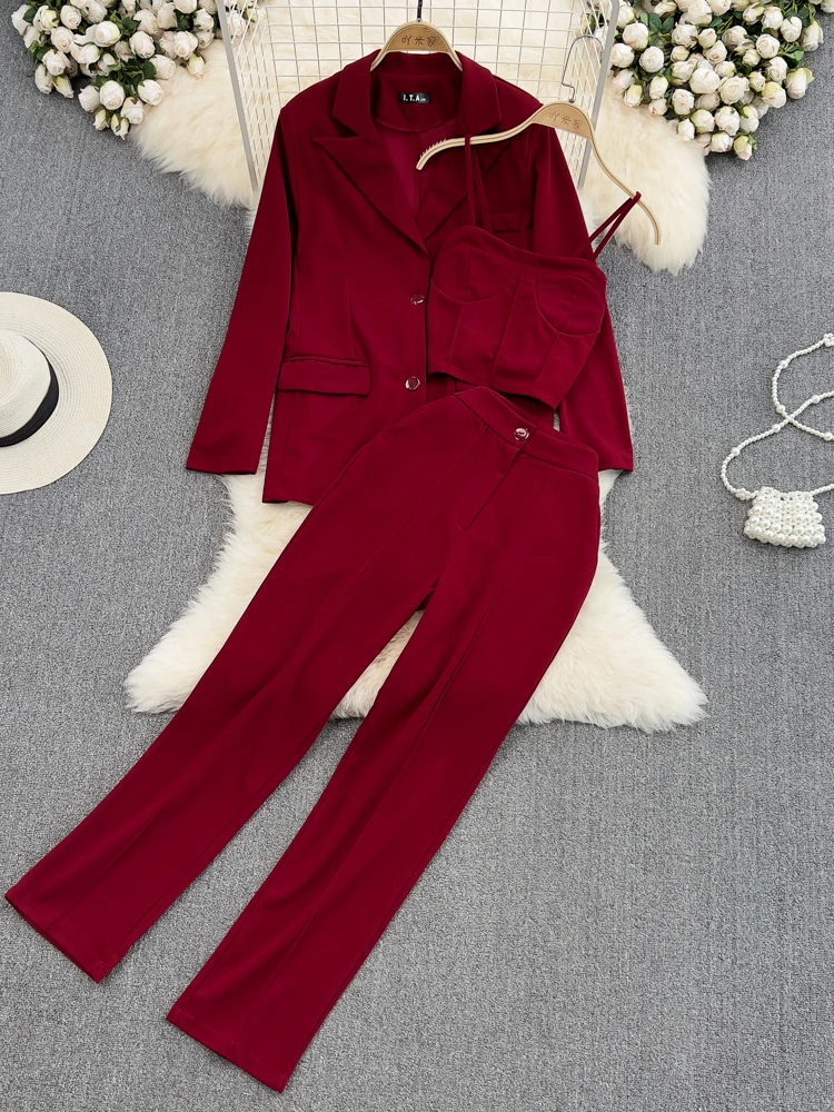 

Women Vintage Fashion Casual Solid Suits Spring Suit Jacket Suspender Vest High Waist Wide Leg Pants Three Piece Sets