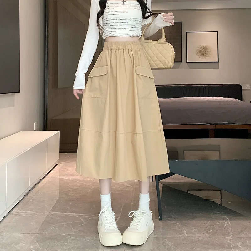 2024 Summer New Skirts Women Splicing High Waist Solid Color A-line Slim Pockets Office Lady Versatile Loose Long Skirt Female