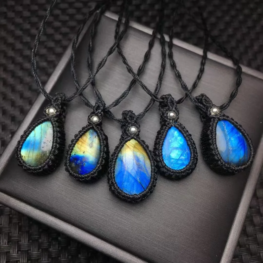 1 Pc Fengbaowu Natural Labradorite Pendant Hand Knitting Reiki Healing Stone Fashion Jewelry Gift Women Men